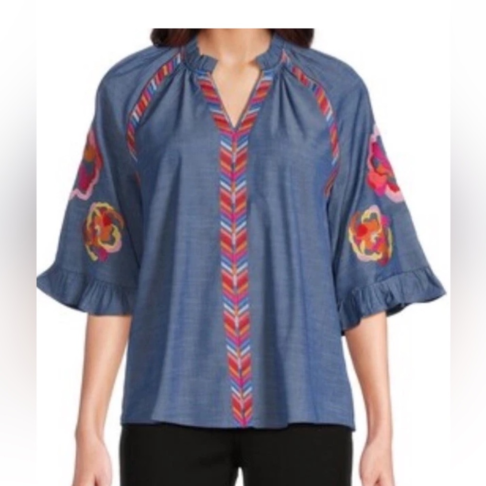 Women Calessa SZ 1X Blouse Embroidered Boho Artsy Stylish Festive Comfy Beach